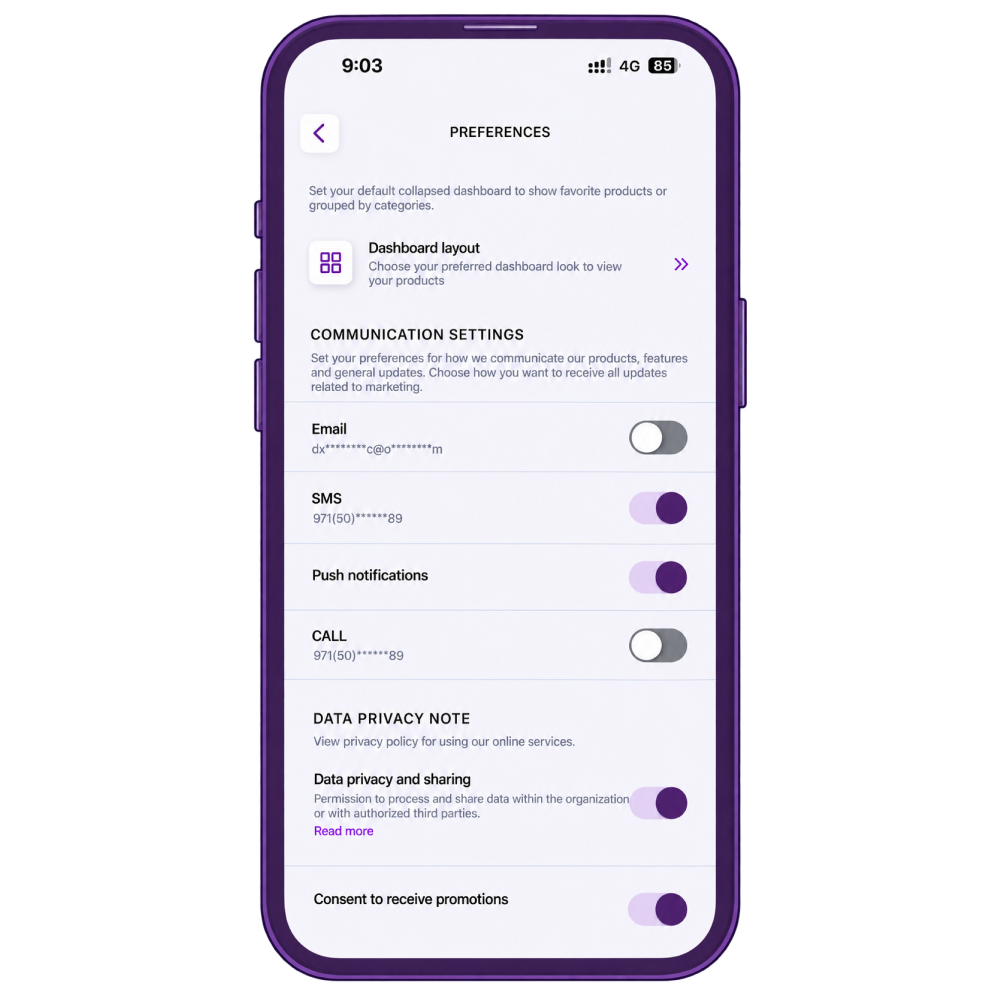 شاشة التفضيلات في تطبيق + EI تعرض إعدادات التواصل