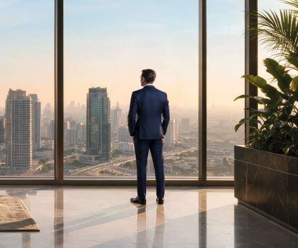 Man looking out of the window apartment in a skyscraper
