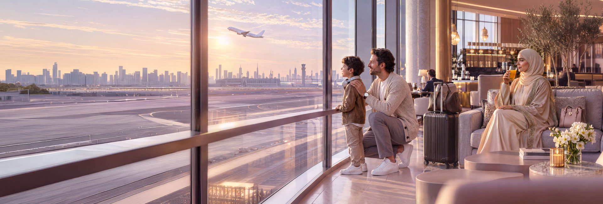 Premium airport lounge experience with travellers enjoying luxury travel benefits and runway views.