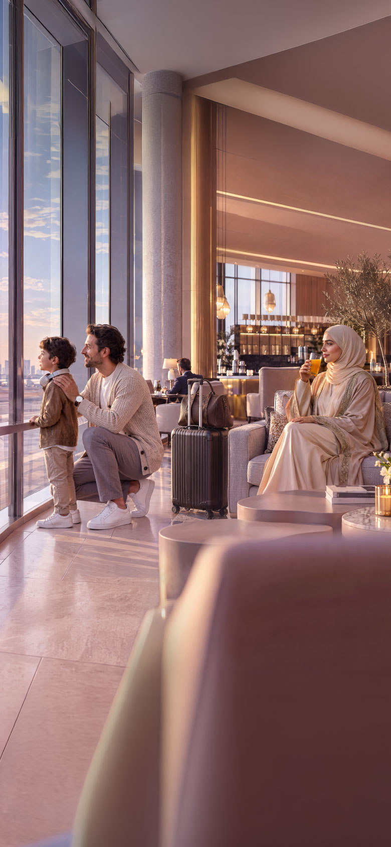 Premium airport lounge experience with travellers enjoying luxury travel benefits and runway views.