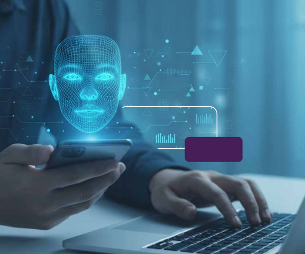 Digital identity verification and fraud prevention technology displayed on a mobile device, featuring a biometric facial recognition interface.