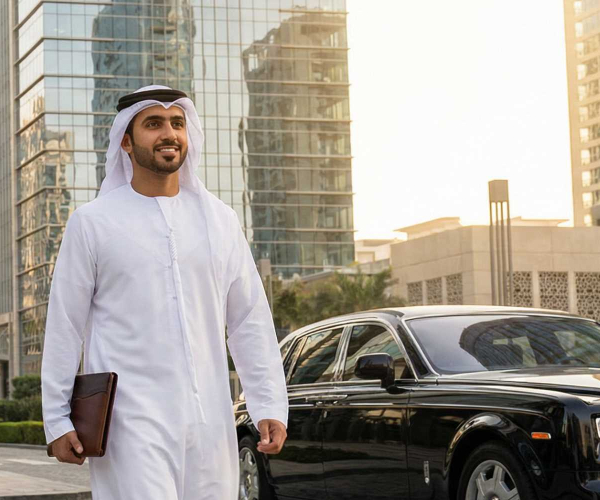 A emarati priority banking customer walking confidently on the streets of UAE