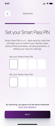 Set your SmartPass PIN by entering a 4-digit security code which will allow you to authorize transactions